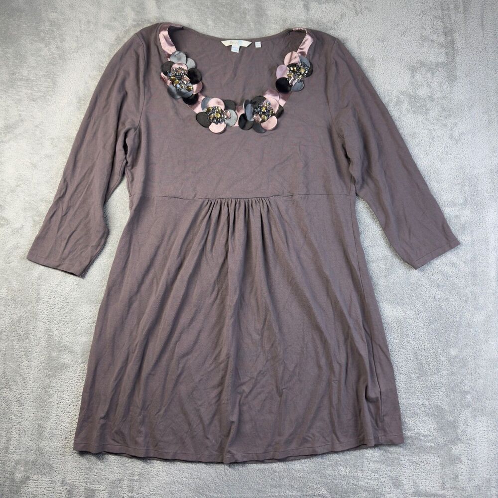 Boden Dress Womens US 16 Gray Floral Scoop Neck Fit Flare Shift Rhinestone Cute